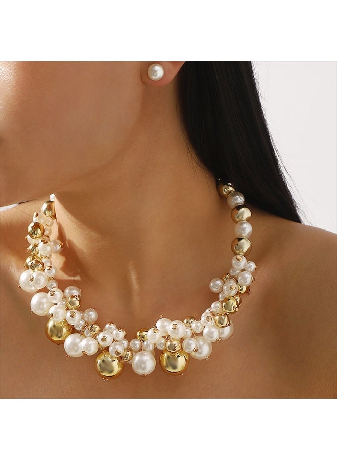 طقم قلادة كولير وأقراط من اللؤلؤ الفينتاج بأحجام مختلطة - مجوهرات عنقودية زهرية منسوجة يدويًا للنساء، مثالي لحفلات الزفاف، الحفلات الرسمية (بروم) والارتداء اليومي - Image 3